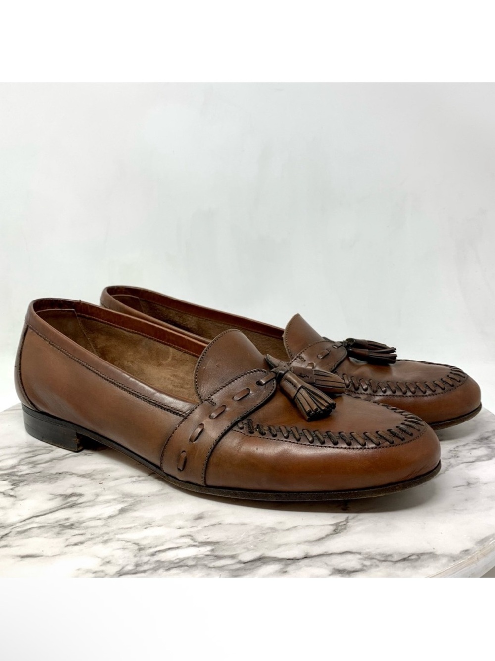 Bally Larin Brown Leather Whipstitched Toe Tassel Loafers 11 Mens Italy Classic